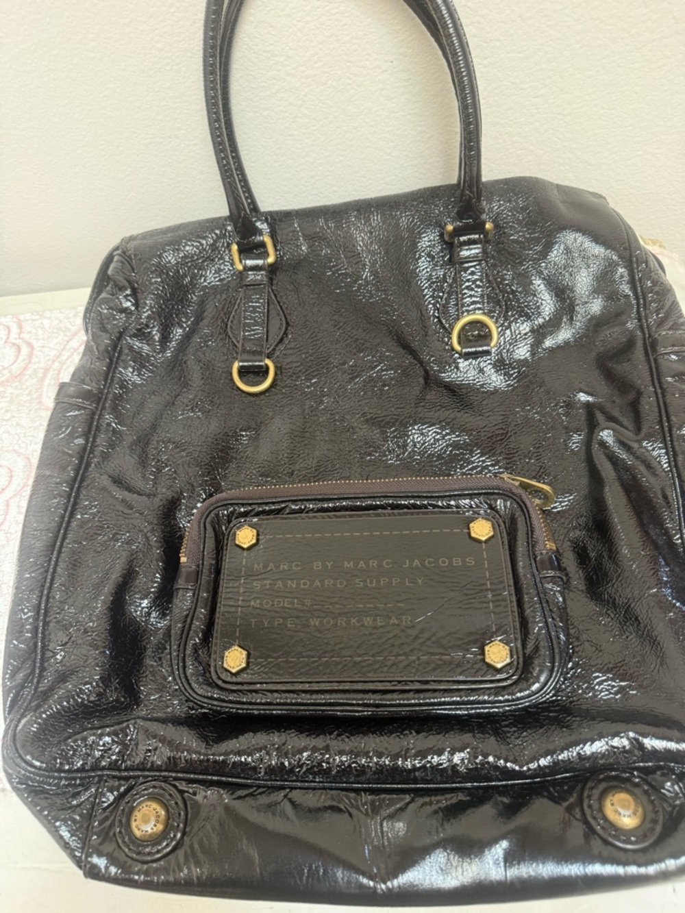 Marc by Marc Jacobs Black Patent Tote with Gold-Tone Accents